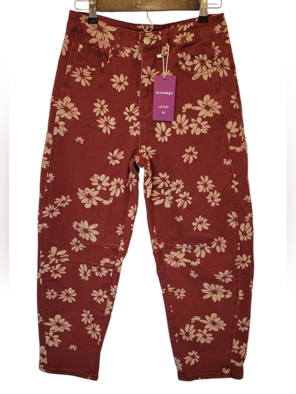 Loveimgs Floral Barrel Leg Jeans Size M Rust Orange Cream Daisy Print Cottagecor - Picture 2 of 9